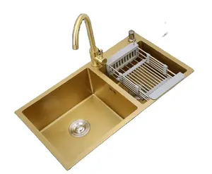 Cucina sin elegante e semplice vendita calda oro nano doppia ciotola lavello da cucina in acciaio inox lavello fatto a mano