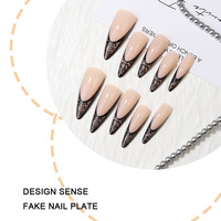 24 faux ongles à presser, forme stiletto, dentelle noire, French manucure, motif en V, avec lime à ongles et adhésifs, vente en gros, dropshipping