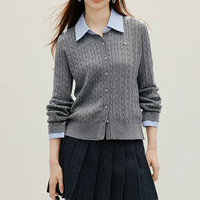 Cardigan en tricot torsadé pour femme, effet deux pièces, avec col chemise rayé et empiècements, vêtement d'extérieur d'automne