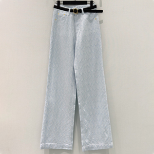 Jean large <span class=keywords><strong>taille</strong></span> haute en jacquard bleu clair pour <span class=keywords><strong>femme</strong></span>, avec strass et ceinture à boucle florale, modèle de créateur - Product Image 1