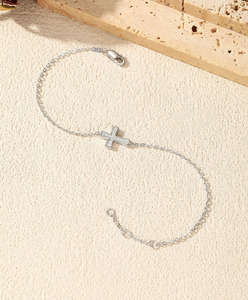 S925 Silver Cross <b>Bracelet</b> Rhodium Plated Pave Crystal Minimalist FaithJewelry Chain Link Unisex Everyday Wear - Product Image 5