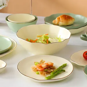 Wholesale Nordic Ceramic Dinnerware Sets Irregular Gold Rim Round Dishes Plates Bowls For Restaurant Hotel Or Kitchen