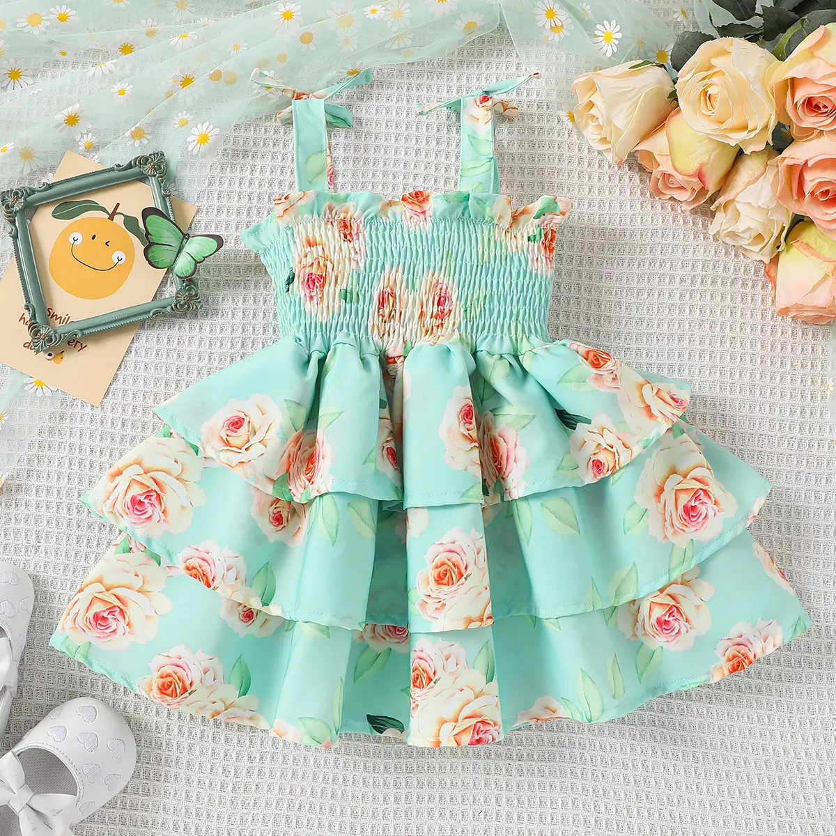 Ropa para niñas, vestido sin mangas para niñas con flores verdes y lazos, vestidos de verano personalizados para niñas al por mayor