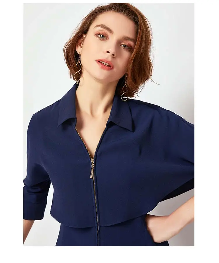 custom clothing manufacturers casual dress factory Wholesale Navy Blue Elegant Length Dress Long Sleeve Zip Over Ladies Dress