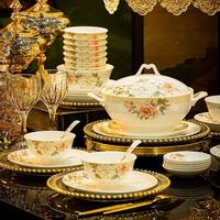 Service de vaisselle de luxe en porcelaine fine à motifs floraux, compatible lave-vaisselle, micro-ondes et four, idéal pour la maison et les banquets de mariage