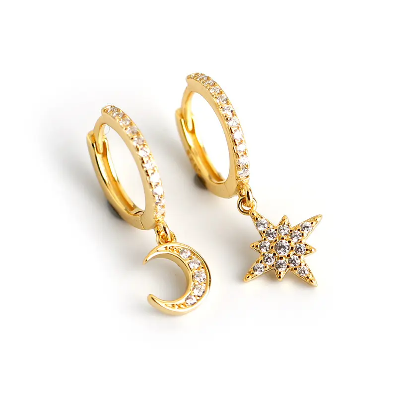 Pendientes de aro de plata de ley 100% con forma de luna y estrella para niña, aretes, aros, plata esterlina 925, oro de 18 quilates, S925