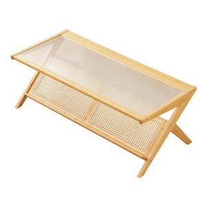 Glass Coffee <b>Table</b> Natural <b>Wood</b> Rattan Top Tempered Glass Rectangular Simple Design For <b>Small</b> Homes - Product Image 5