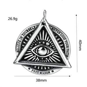 Collier en acier inoxydable avec pendentif pyramide maçonnique vintage, breloque œil porte-bonheur, bijou pour homme, cadeau, design géométrique - Product Image 5