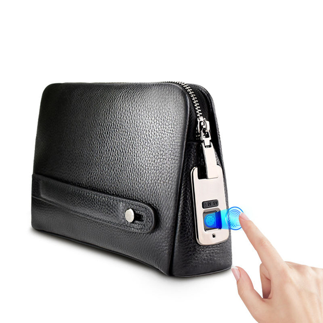 Men Fashion Clutch Bag Simple Style Genuine Cow Leather Business Handbags with Fingerprint Lock
