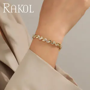 RAKOL BP2252 18k Gold Plated Leaf Shaped Cubic Zirconia Dainty Iced Out Tennis Link Chain Open Adjustable Bracelet Women Bangles