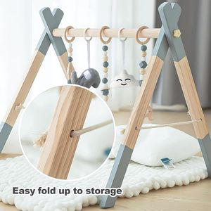 Gimnasio de Juego para Bebés de Madera con Acabado Natural, Gimnasio de Actividades para Bebés de Madera de Pino con 5 Juguetes Sensoriales Colgantes - Product Image 5