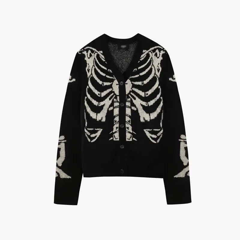 CaiNan knitted factory custom Unisex mohair Sweater Unique design Skeleton knit cardigan goth sweaters