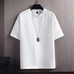 T-Shirt a maniche corte da uomo estiva a <span class=keywords><strong>mezza</strong></span> <span class=keywords><strong>manica</strong></span> Top in cotone di seta di ghiaccio vestiti di lino tinta unita <span class=keywords><strong>camicia</strong></span> <span class=keywords><strong>bianca</strong></span> da uomo - Product Image 3