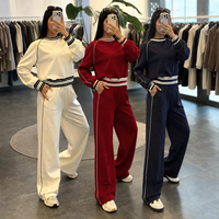 Ensemble deux pièces pour femme, haut à manches longues à col rond avec bordure rayée, pantalon de survêtement à jambes larges, ensemble décontracté, logo personnalisé OEM ODM