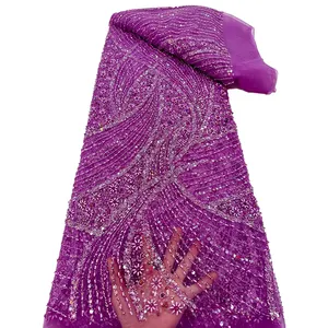 HFX 2024 alta calidad exquisita tela de encaje de lentejuelas con cuentas africanas a mano tela de encaje bordado francés boda nigeriana