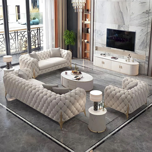Sofá de Cuero Genuino de Lujo Moderno, Juego de Sofás Chesterfield para Sala de Estar - Product Image 1