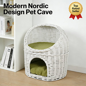 Cama Redonda Moderna para Gatos <span class=keywords><strong>de</strong></span> Mimbre Blanco con Cojín Verde Suave Extraíble - Cesta <span class=keywords><strong>de</strong></span> Ratán Resistente para que el Gato Duera Cómodamente en la Caja - Product Image 4
