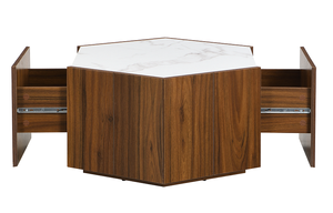 Modern Marble Coffee <b>Table</b> with 2 Hidden Drawers Textured White Tops Walunt Oak Finish-Adjustable Height for Living Room - Product Image 6