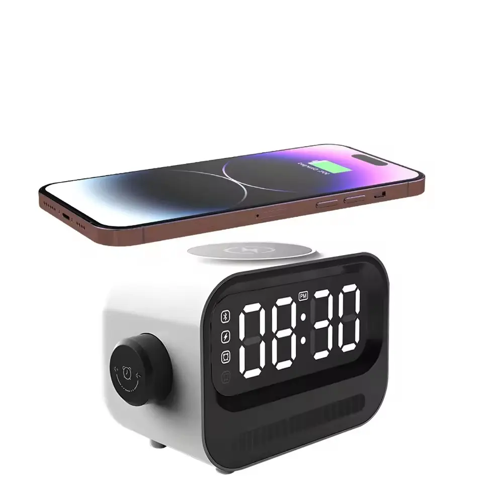 새로운 트렌드 5 In 1 Led 야간 조명 15w 마그네틱 무선 충전기 휴대 전화 용 디지털 알람 시계 충전기와 휴대용 스피커