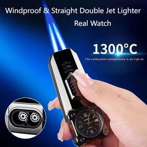 Accendino per orologio da sigari in metallo riutilizzabile doppio getto blu dritto - Product Image 3