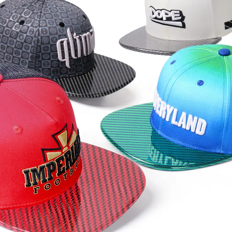 [carbon Fiber Brim] OEM New Style Era Custom Logo Brand 5 6 Panels Mesh 3D Embroidered Flat Brim Snapback Baseball Caps Hats