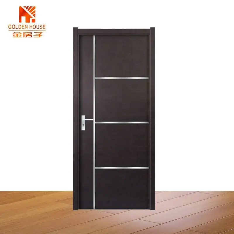 Puerta interior de madera con tiras metálicas de aluminio, diseño de puerta de madera, precios baratos de china