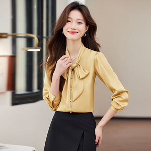 Women's Satin Long Sleeve Blouse With Bow <b>Tie</b> Office Wear Solid Color <b>Polyester</b> Fabric - Product Image 3