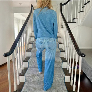 Set Due Pezzi in Denim alla Moda per Donna: <span class=keywords><strong>Camicia</strong></span> a Maniche Lunghe e Pantaloni a Gamba Larga, Completo Coordinato Streetwear <span class=keywords><strong>Femminile</strong></span> - Product Image 4