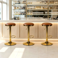 Tabouret de bar pivotant moderne avec siège rond en tissu doux, hauteur réglable, base en métal doré poli, idéal pour bar à domicile ou îlot de cuisine