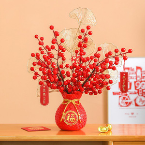 Vase en résine Kch, motif épis de blé, fleurs séchées, style chinois, décoration intérieure, cadeau de déménagement, design sac porte-bonheur rouge et or - Product Image 2