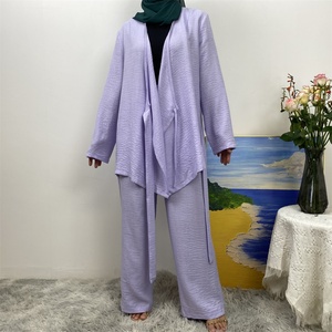 Conjunto de Dos Piezas de Lino Suave para Mujer, Moda 2025, con Cinturón Cruzado, Blusa Kimono, Pantalones con Bolsillos y Cintura Elástica, Estilo Abaya - Product Image 2