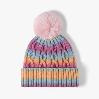 Bonnet d'hiver chaud en tricot côtelé tie-dye arc-en-ciel extensible avec pompon, dégradé de couleurs, pour l'extérieur, vente en gros