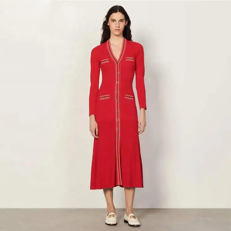 Knitwear manufacturer custom red v neck long sleeves slim ribbed knit women's sweater dress