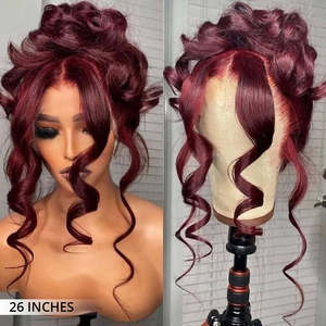 Perruque frontale 360 en dentelle pré-coupée sans colle Invisi-Band, couleur bordeaux 99J, cheveux humains ondulés - Product Image 5