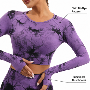 Ensemble de yoga personnalisé à manches longues, imprimé tie-dye, 2 pièces, haut court taille haute et pantalon long, en Spandex et Polyester, extensible dans les quatre sens, OEM - Product Image 6