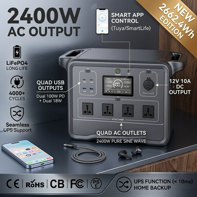 2400W Portable Power Station LiFePO4 Smart App UPS Solar Generator for Home Outdoor Backup 150W 300W 1200W 2000W 3KW 5KW 6KW