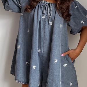 Nouvelle Arrivée Robe Courte en Jean de Haute Qualité pour l'Automne, Style Rétro Noble, Col Revers, Manches Courtes, Manches Bouffantes en Jean, Mini-Robe Salopette - Product Image 3