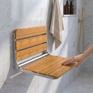 CAMEL Wall Mounted <b>Folding</b> Bathroom <b>Stool</b> 340x408x48mm Stainless Steel Oak With Handrails For <b>Showering</b> And Bathing - Product Image 1