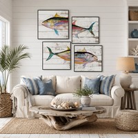 Lot de 4 tableaux encadrés sur toile, thème thon, cadre noir, peinture aquarelle, décoration côtière nautique pour restaurant et hôtel