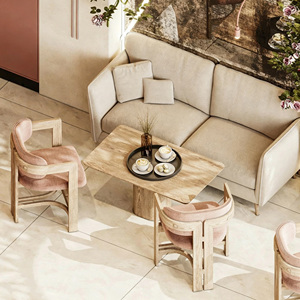 Conception d'intérieur clé en main pour café-restaurant français, aménagement de café Wabi Sabi, comptoir de bar personnalisé en microciment, bois et terrazzo - Product Image 6