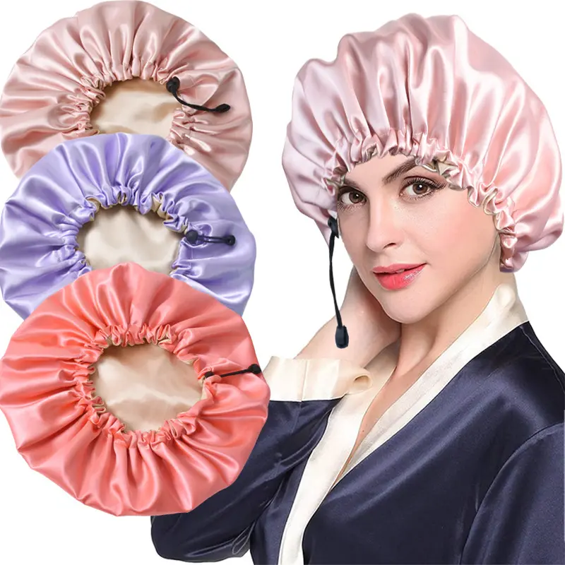 Có Thể Điều Chỉnh Hai Lớp Reversible Bonnets Phụ Nữ Satin Dây Rút Ngủ Lụa Thiết Kế Tóc Bonnet Ngủ Cap