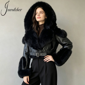 Jxwatcher Giacca in Vera <span class=keywords><strong>Pelliccia</strong></span> di Volpe Personalizzabile all'Ingrosso, <span class=keywords><strong>con</strong></span> <span class=keywords><strong>Cappuccio</strong></span>, Corta, <span class=keywords><strong>con</strong></span> Cintura, in Vera Pelle di Montone per Donne - Product Image 5