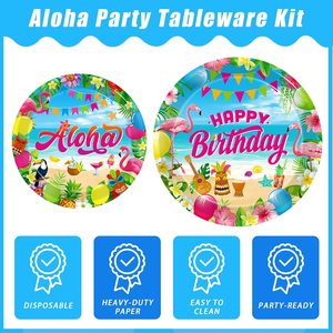 Articles de décoration pour fête hawaïenne, assiettes de fête d'anniversaire tropicales Luau, assiettes de fête estivales sur le thème de la plage, serviettes et vaisselle - Product Image 2