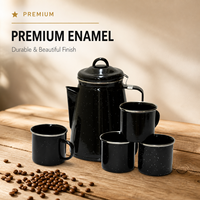 Cafetière en émail noir avec logo personnalisé et tasses, ensemble bouilloire à thé vintage pour le camping, vente en gros, cadeaux à marque privée, packs de vente au détail