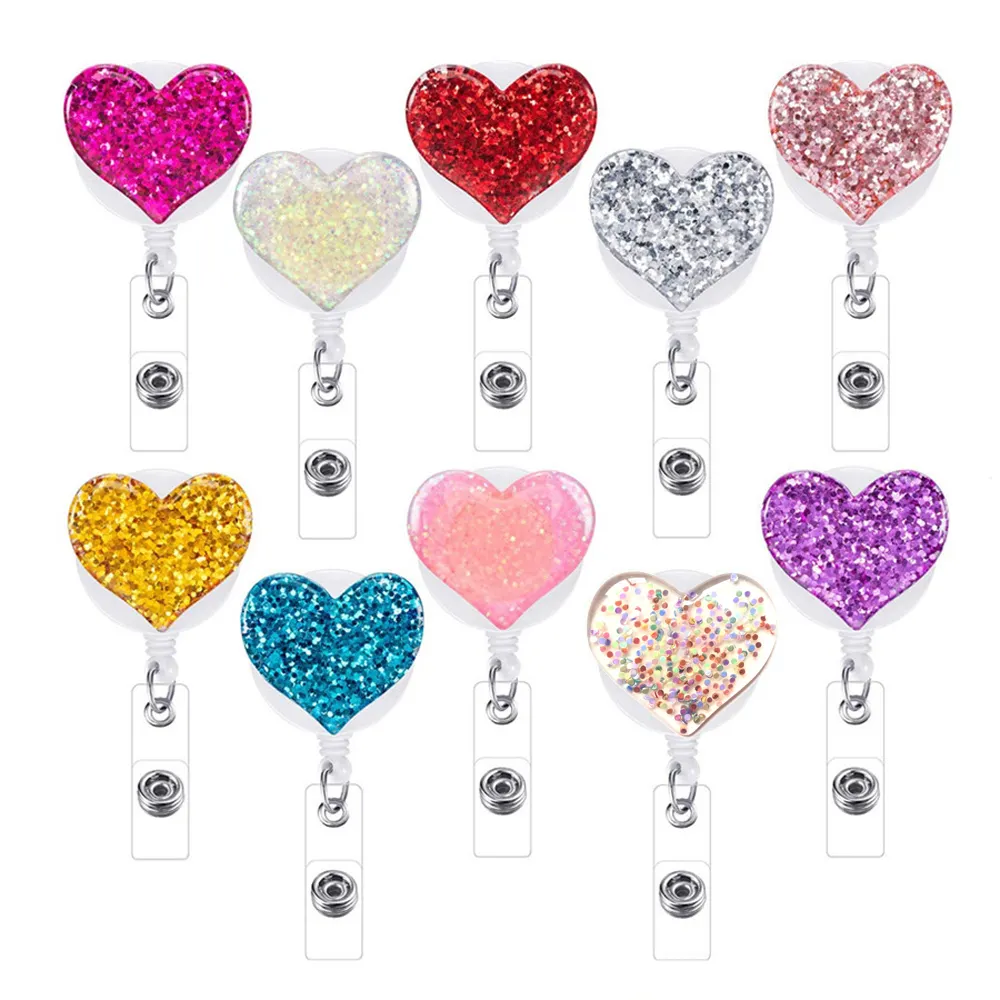 Sparkle Bling Plastic Medical Glitter Retractable Nursing Heart Badge Reel