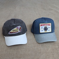 Casquettes de baseball vintage bicolores en denim de coton lavé, à 5 panneaux, avec visière incurvée et cordon, avec logo personnalisé tissé en patch, vente en gros