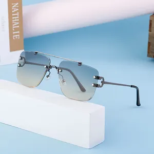 Partagas 2024 Fashion Trendy Metal Double Bridge Rimless Diamond Cut Square Star UV400 Shades Sun Glasses Sunglasses for Men