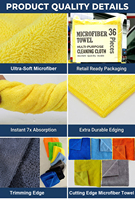 Chiffon de nettoyage multi-usages en microfibre tricotée warp 350 g/m², lot de 36 pièces, 40x40 cm, serviette de lavage de voiture à séchage rapide en microfibre