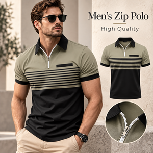 Polo con cremallera para hombre, de alta calidad, con bloques de color, rayas, manga corta, cuello en contraste, estilo casual elegante, para golf, con logo personalizado. - Product Image 1