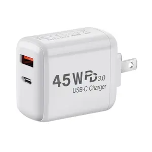 Cargador USB C de doble puerto PD 45W, cargador de teléfono tipo C QC 3,0, enchufe plegable rápido de pared, adaptador de corriente de viaje portátil para iPhone